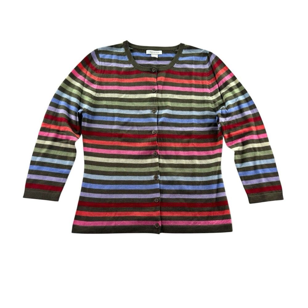 Garnet Hill 100% Merino Wool Sweater Cardigan Womens XS Striped Button Front